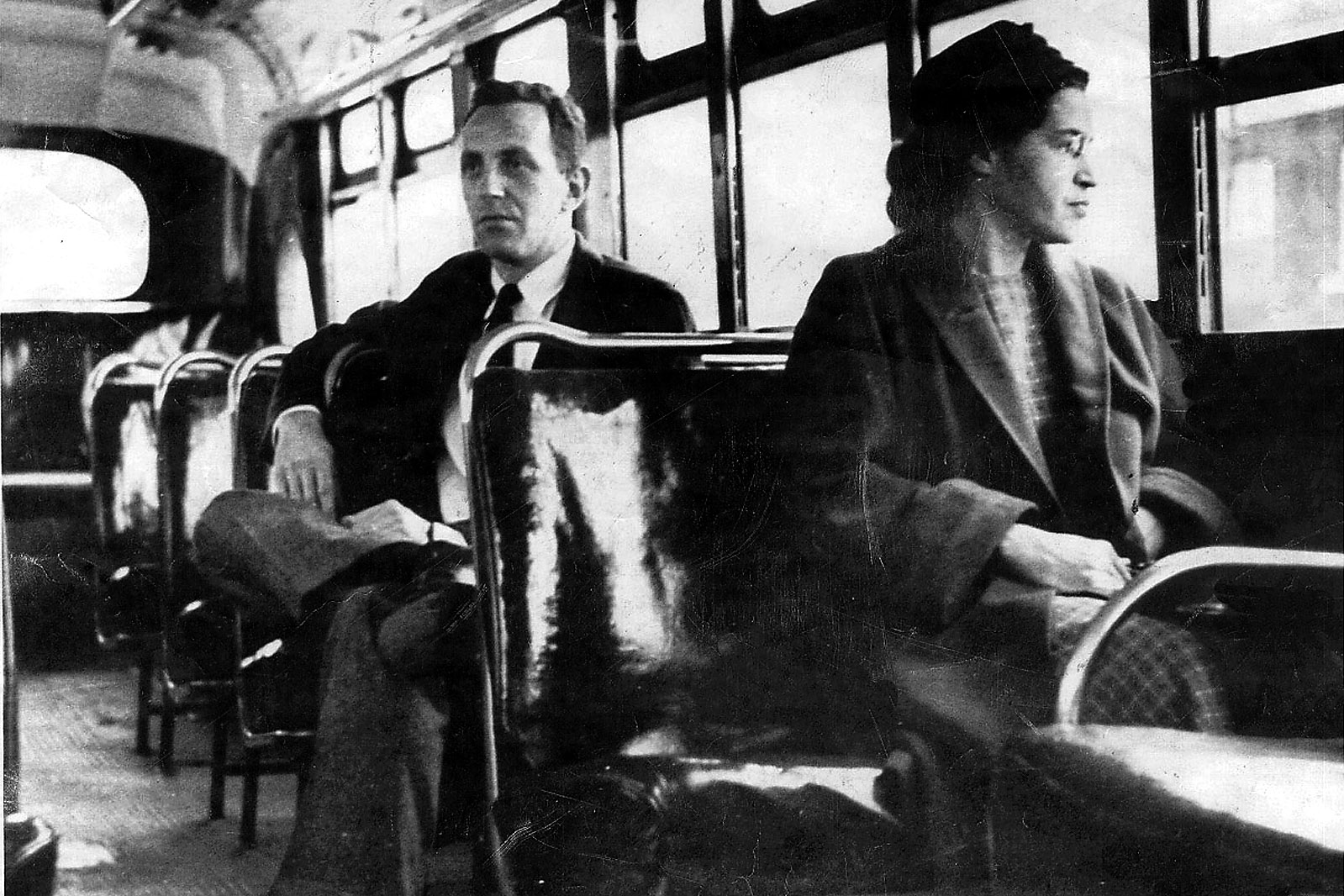 This an undated photo shows Rosa Parks riding on the Montgomery Area Transit System bus. Parks refused to give up her seat on a Montgomery bus on Dec. 1, 1955, and ignited the boycott that led to a federal court ruling against segregation in public transportation. In 1955, Montgomery's racially segregated buses carried 30,000 to 40,000 blacks each day. At a time when interest in civil rights memorabilia is rekindled, a lifetime's worth of Parks' belongings _ among them her Presidential Medal of Freedom _ sits in a New York warehouse, unseen and unsold. (AP Photo/Daily Advertiser)